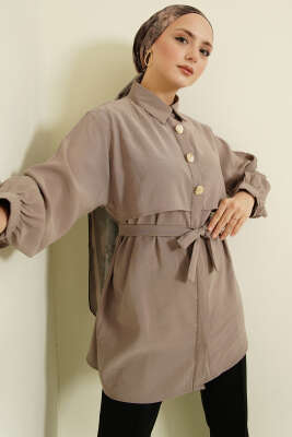 Göğüs Pelerinli Kuşaklı Modal Gömlek Vizon 