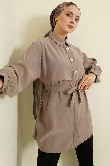 Göğüs Pelerinli Kuşaklı Modal Gömlek Vizon - Bayram Kombinleri