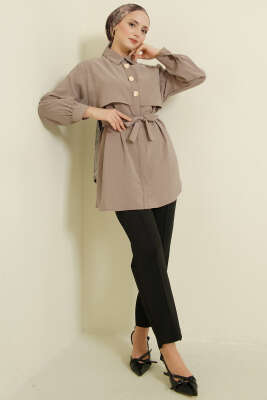 Göğüs Pelerinli Kuşaklı Modal Gömlek Vizon - Gömlek