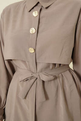 Göğüs Pelerinli Kuşaklı Modal Gömlek Vizon - Gömlek