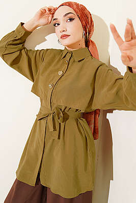 Göğüs Pelerinli Kuşaklı Modal Gömlek Yağ Yeşili - NEVA MODA