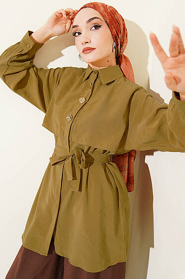 Göğüs Pelerinli Kuşaklı Modal Gömlek Yağ Yeşili - Gömlek