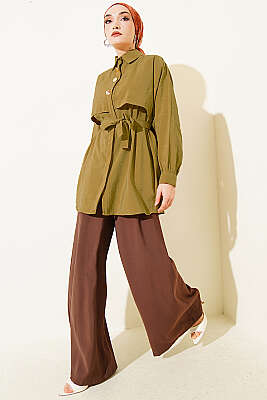 Göğüs Pelerinli Kuşaklı Modal Gömlek Yağ Yeşili - Gömlek