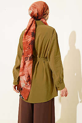 Göğüs Pelerinli Kuşaklı Modal Gömlek Yağ Yeşili - Gömlek