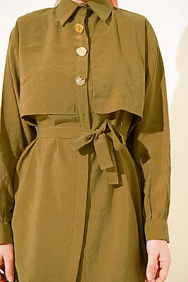 Göğüs Pelerinli Kuşaklı Modal Gömlek Yağ Yeşili - Gömlek