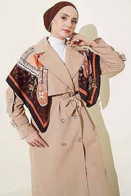 Göğüs Pelerinli Kuşaklı Uzun Trençkot Bej - Trençkot