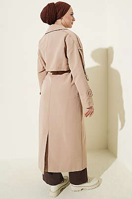 Göğüs Pelerinli Kuşaklı Uzun Trençkot Bej - Trençkot
