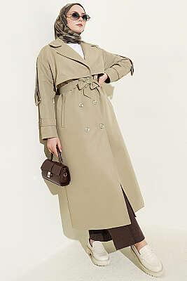 Göğüs Pelerinli Kuşaklı Uzun Trençkot Çağla Yeşili - GÜRZA TEKSTİL