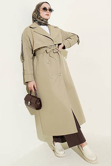 Göğüs Pelerinli Kuşaklı Uzun Trençkot Çağla Yeşili - Trençkot