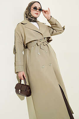 Göğüs Pelerinli Kuşaklı Uzun Trençkot Çağla Yeşili - Trençkot