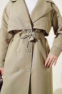 Göğüs Pelerinli Kuşaklı Uzun Trençkot Çağla Yeşili - Trençkot