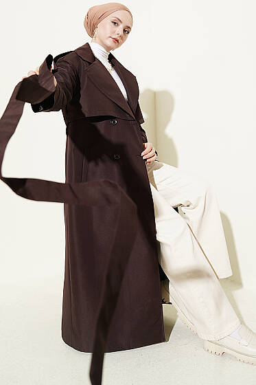 Göğüs Pelerinli Kuşaklı Uzun Trençkot Kahve - Trençkot