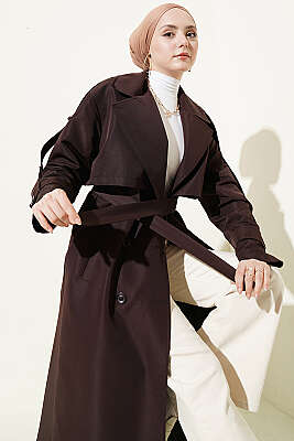 Göğüs Pelerinli Kuşaklı Uzun Trençkot Kahve - Trençkot