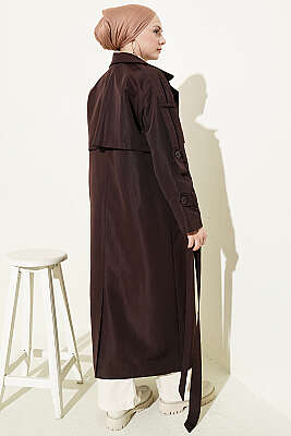 Göğüs Pelerinli Kuşaklı Uzun Trençkot Kahve - Trençkot