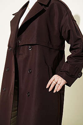 Göğüs Pelerinli Kuşaklı Uzun Trençkot Kahve - Trençkot