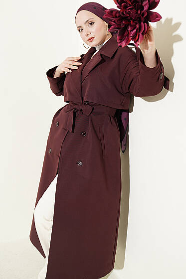 Göğüs Pelerinli Kuşaklı Uzun Trençkot Mürdüm - Trençkot