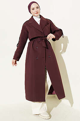 Göğüs Pelerinli Kuşaklı Uzun Trençkot Mürdüm - Trençkot