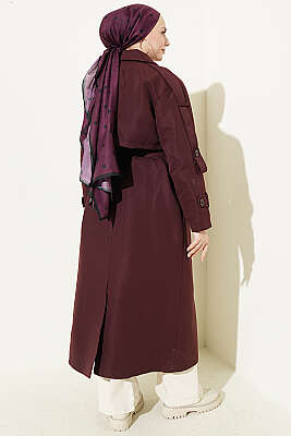 Göğüs Pelerinli Kuşaklı Uzun Trençkot Mürdüm - Trençkot