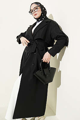 Göğüs Pelerinli Kuşaklı Uzun Trençkot Siyah - Trençkot