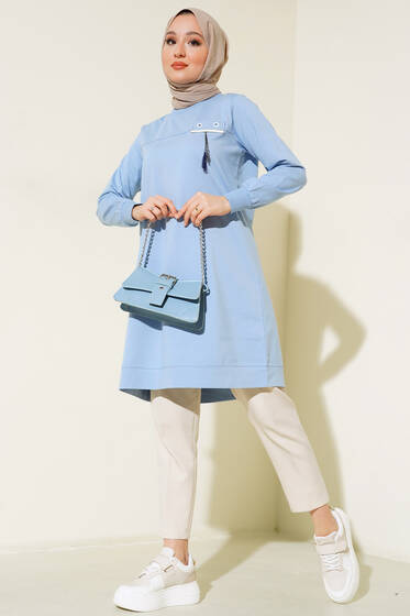 Göğüs Püskül Detaylı Tunik Buz Mavisi - Tunik