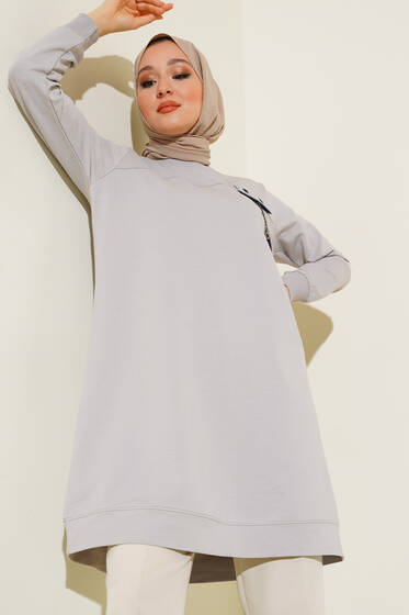 Göğüs Püskül Detaylı Tunik Gri - Tunik