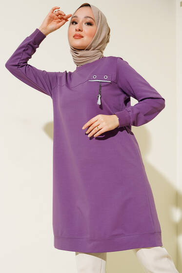Göğüs Püskül Detaylı Tunik Lila - Tunik