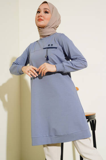 Göğüs Püskül Detaylı Tunik Mavi - Tunik