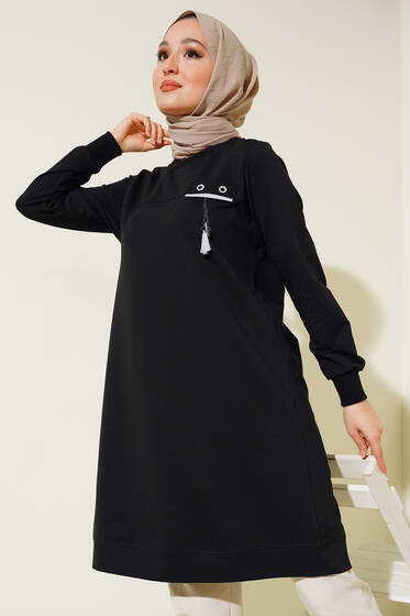 Göğüs Püskül Detaylı Tunik Siyah - Tunik