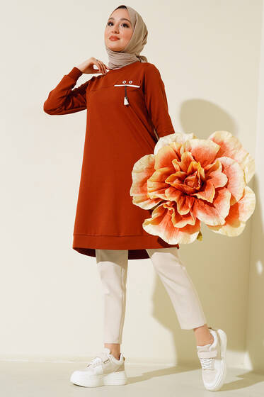 Göğüs Püskül Detaylı Tunik Taba - Tunik