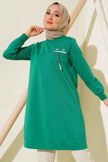 Göğüs Püskül Detaylı Tunik Yeşil - Tunik
