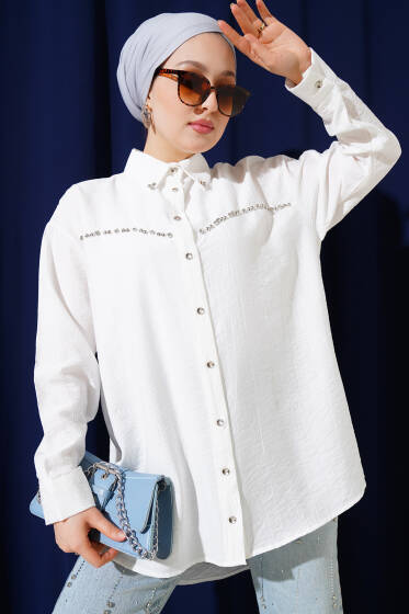 Göğüs Taş Sıralı Gömlek Beyaz - Gömlek