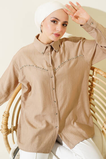 Göğüs Taş Sıralı Gömlek Latte - Gömlek