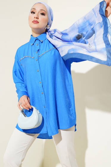 Göğüs Taş Sıralı Gömlek Saks - Gömlek