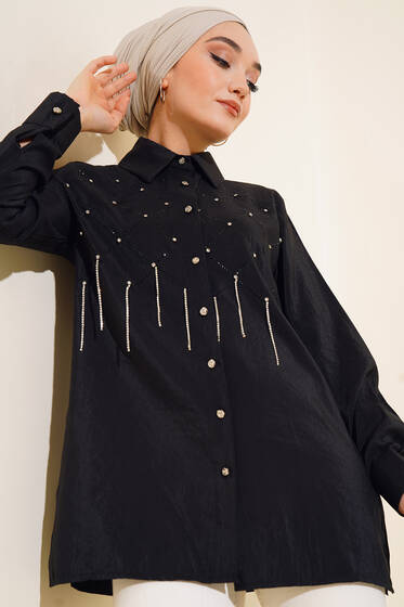 Göğüs Taş Ve Zincir Detaylı Gömlek Siyah - 300-500 TL Ürünler