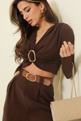 Göğüs Tokalı Uzun Kol Crop Kahve - TİLLE