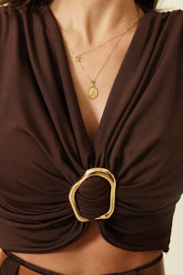 Göğüs Tokalı Uzun Kol Crop Kahve - Kadın Giyim Modelleri