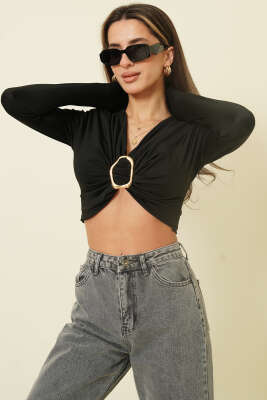 Göğüs Tokalı Uzun Kol Crop Siyah - Kadın Giyim Modelleri