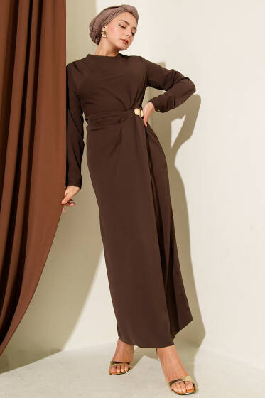 Gold Aksesuarlı Abiye Elbise Kahve - Elbise