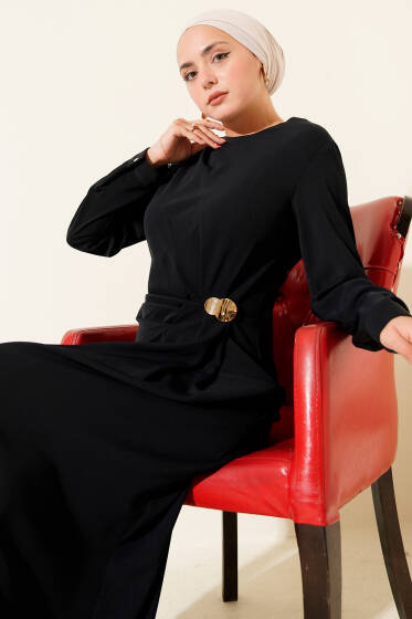 Gold Aksesuarlı Abiye Elbise Lacivert - Elbise