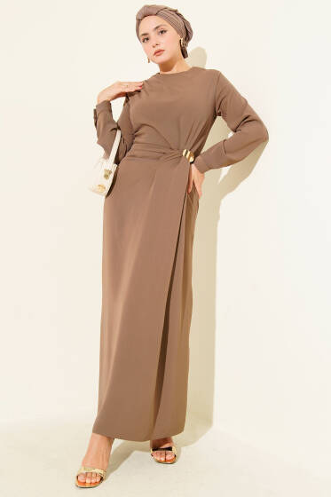 Gold Aksesuarlı Abiye Elbise Latte - Elbise