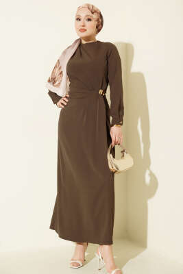 Gold Aksesuarlı Abiye Elbise Vizon 