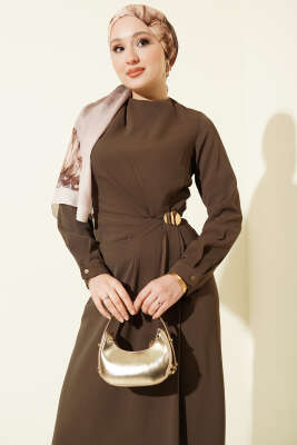 Gold Aksesuarlı Abiye Elbise Vizon - Elbise