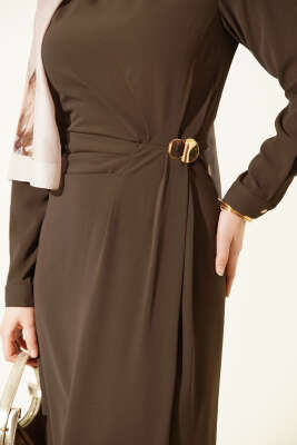 Gold Aksesuarlı Abiye Elbise Vizon - Elbise