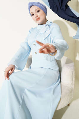 Gold Aksesuarlı Balon Kol Abiye Elbise Bebe Mavi - BERAT TEKSTİL