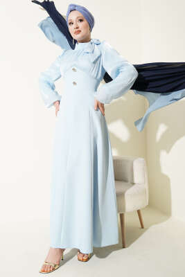 Gold Aksesuarlı Balon Kol Abiye Elbise Bebe Mavi - Elbise