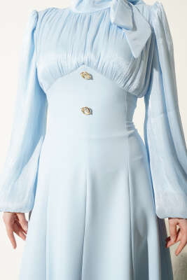 Gold Aksesuarlı Balon Kol Abiye Elbise Bebe Mavi - Elbise