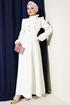 Gold Aksesuarlı Balon Kol Abiye Elbise Beyaz - BERAT TEKSTİL