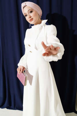 Gold Aksesuarlı Balon Kol Abiye Elbise Beyaz - Elbise