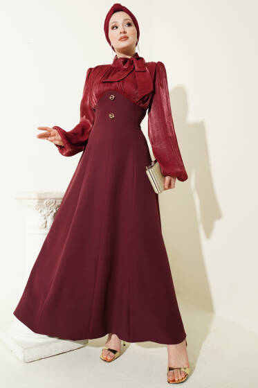 Gold Aksesuarlı Balon Kol Abiye Elbise Bordo - Elbise
