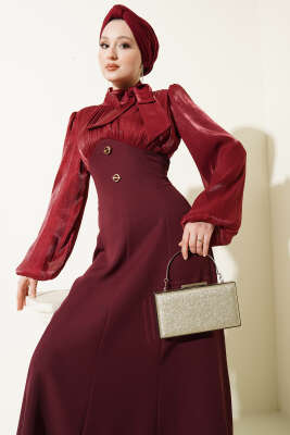 Gold Aksesuarlı Balon Kol Abiye Elbise Bordo - Elbise